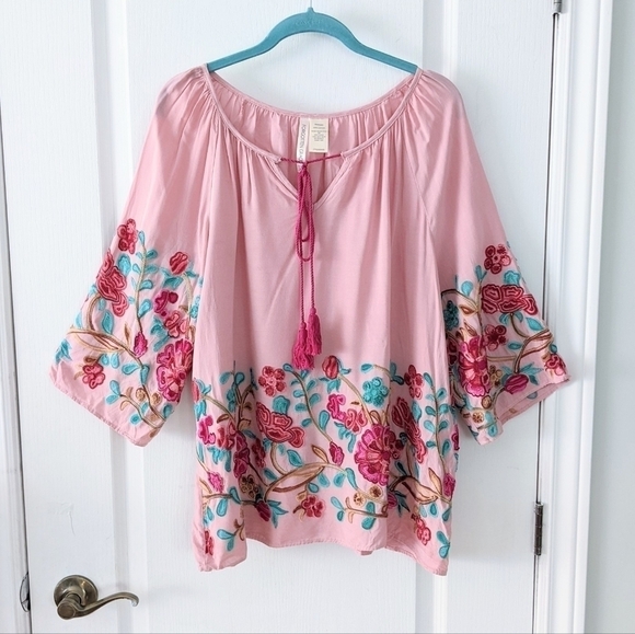 Forgotten Grace cotton pink embroidered tessel boho shirt top blouse pink XL @M2 - Picture 3 of 7